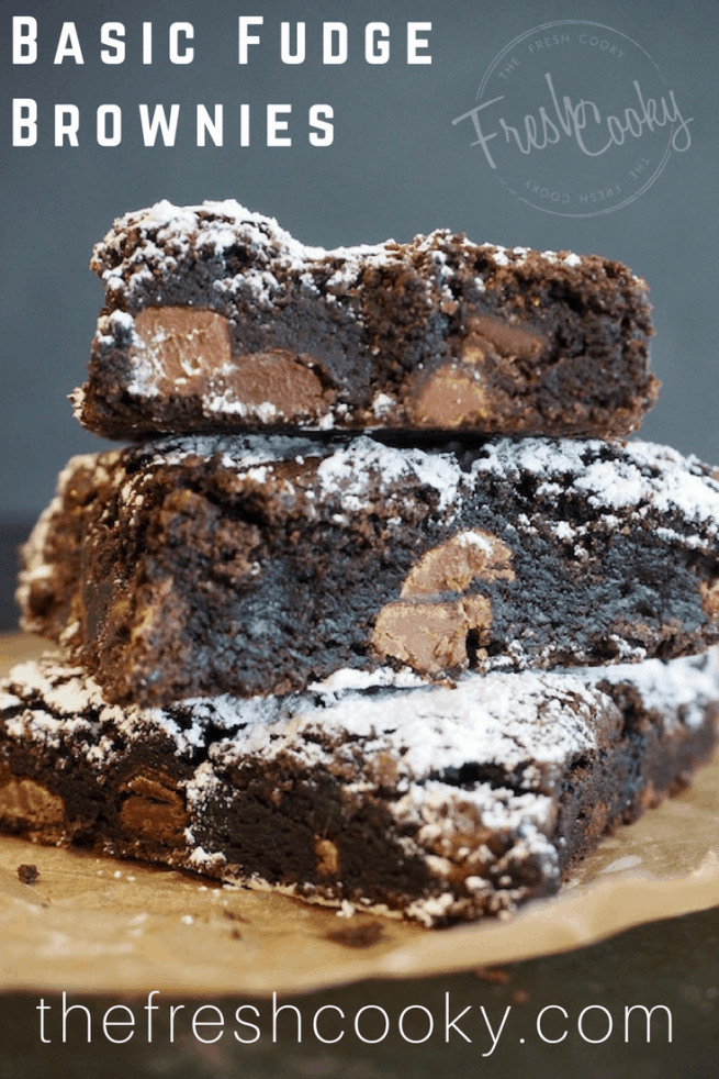 A long-time favorite basic fudge brownie recipe. No chocolate melting, uses one bowl (or pot), and simple ingredients for rich, fudgy, chewy brownies. Recipe via @thefreshcooky #brownies #fudgy #chewy #best #holiday #Baking #Highaltitude