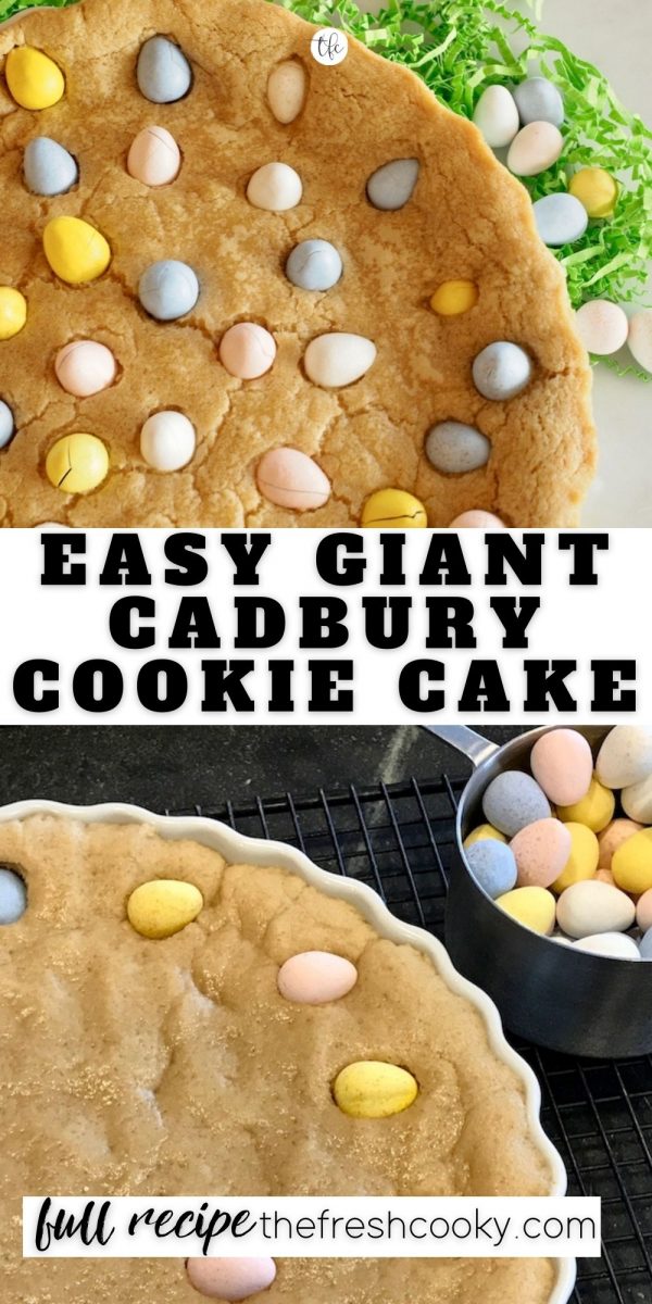 Long pin for Giant Cadbury Cookie Cake, top image baked giant sugar cookie, bottom image unbaked sugar cookie cake adding mini cadbury chocolate eggs.