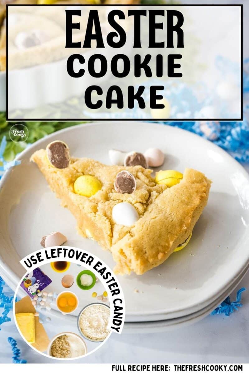 A slice of thick, Easter Cookie Cake on a plate with Cadbury Mini eggs, to pin.