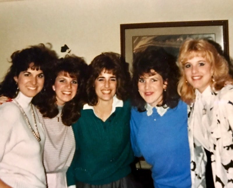 Picture of all of the same friends back in the 80's, big hair and all.