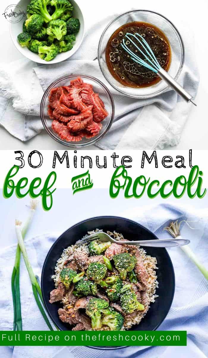 Long Pin for Beef & Broccoli. top pin has ingredients for beef and broccoli. Bottom image is finished beef and broccoli dish with fork and green onions on the side.