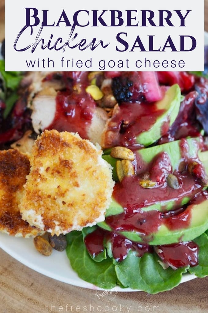 Blackberry chicken salad with gooey blackberry dressing, sliced avocados, pistachios and friend goat cheese.