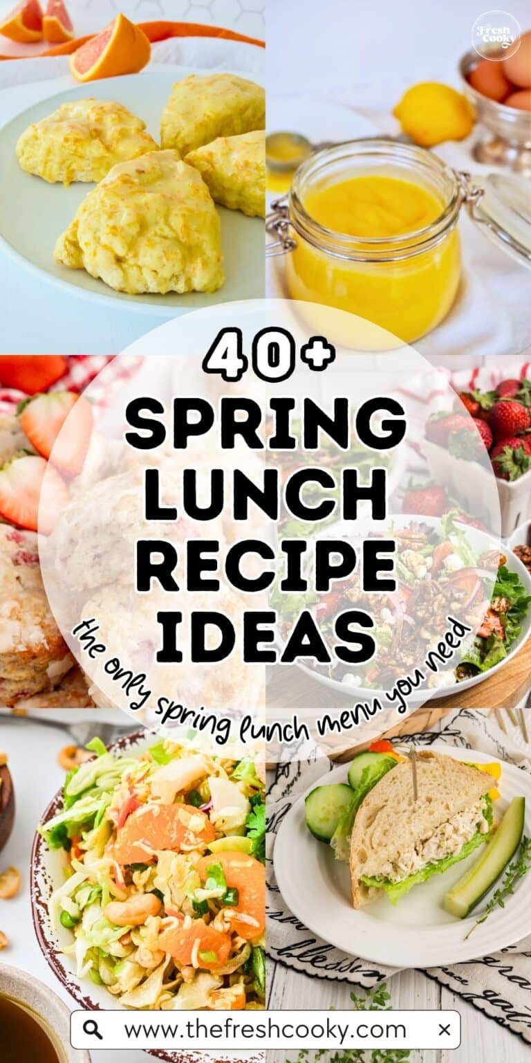 Spring Lunch Recipe Ideas, L-R Orange scones, lemon curd, strawberry biscuits, strawberry goat cheese salad, Asian ramen salad, chicken salad sandwich for pinning.
