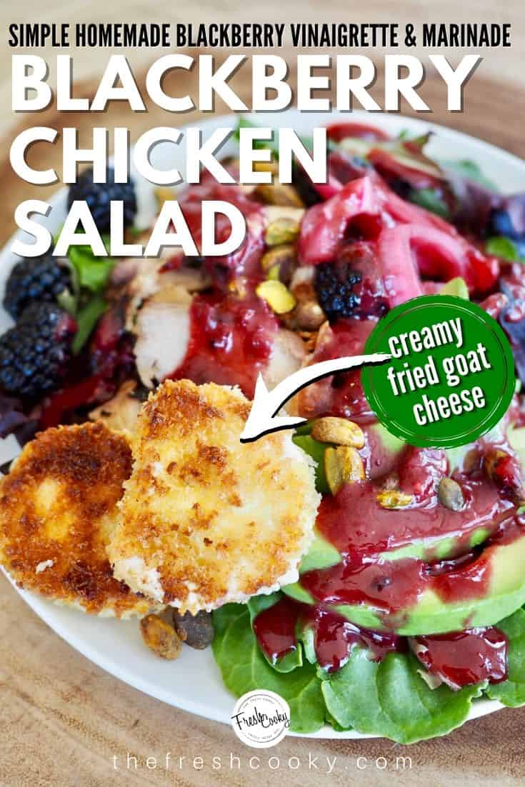Blackberry Chicken Salad pin with image of fresh salad on white plate.