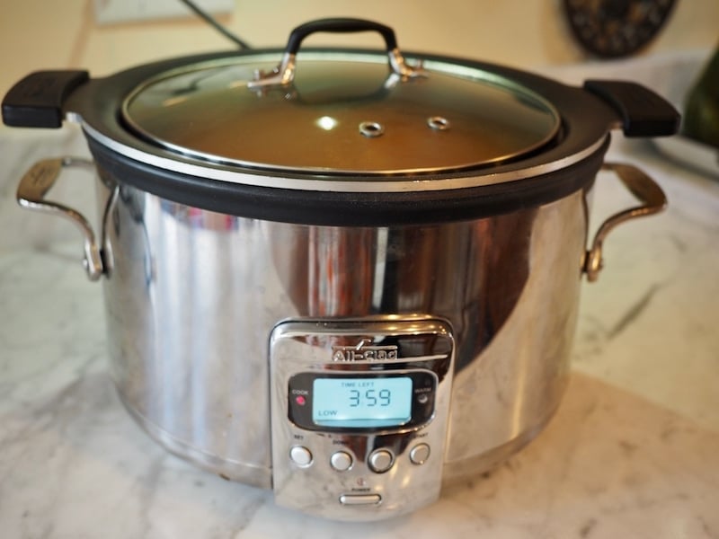 all-clad crockpot, with 3 hours and 59 minutes on digital display.