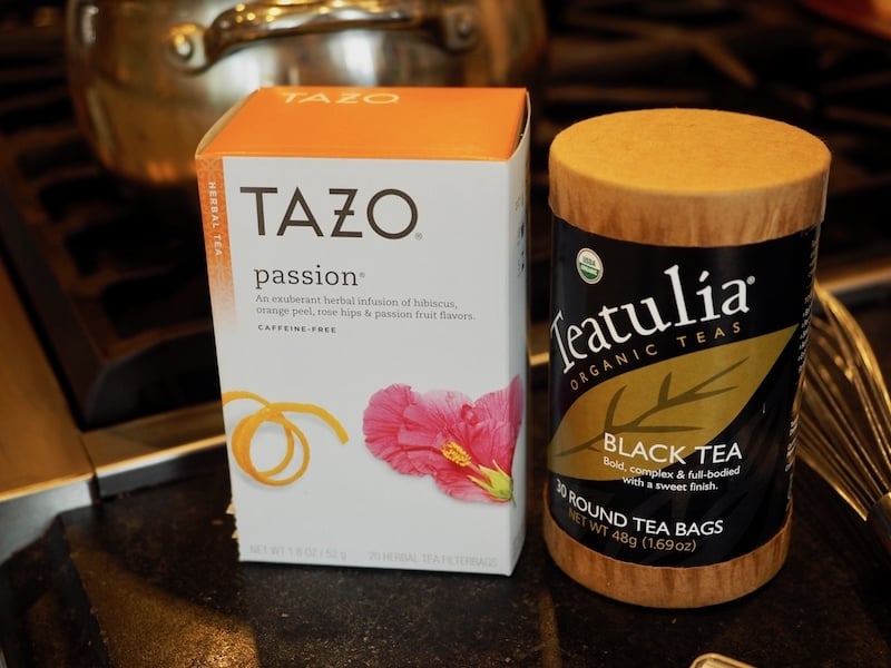 Tazo passion tea bags and Teatulia Black Tea Bags. 