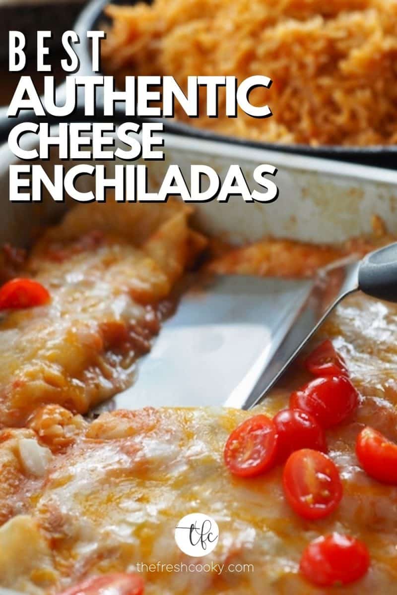 Best Authentic Cheese Enchiladas in a pan with a spatula pulling up a cheesy enchilada.