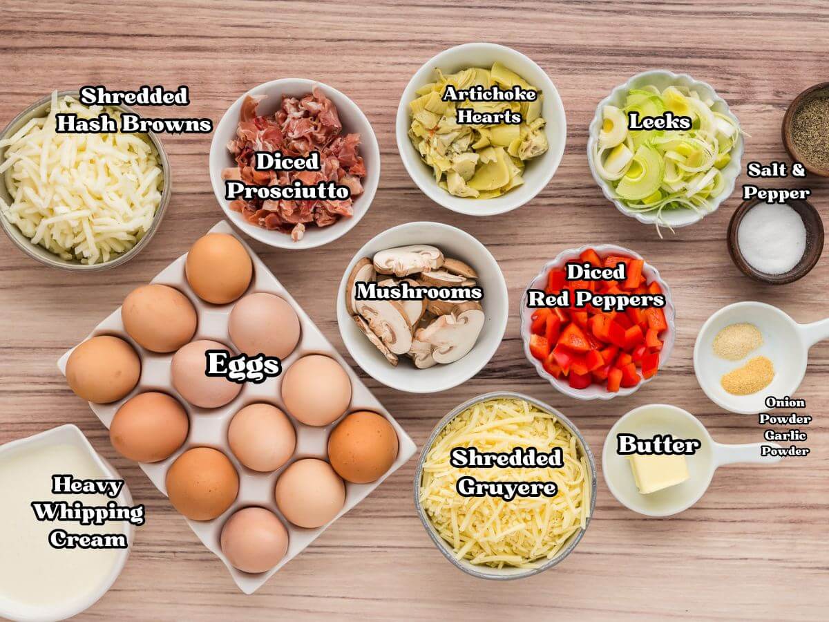 Labeled ingredients hash brown crust quiche. 