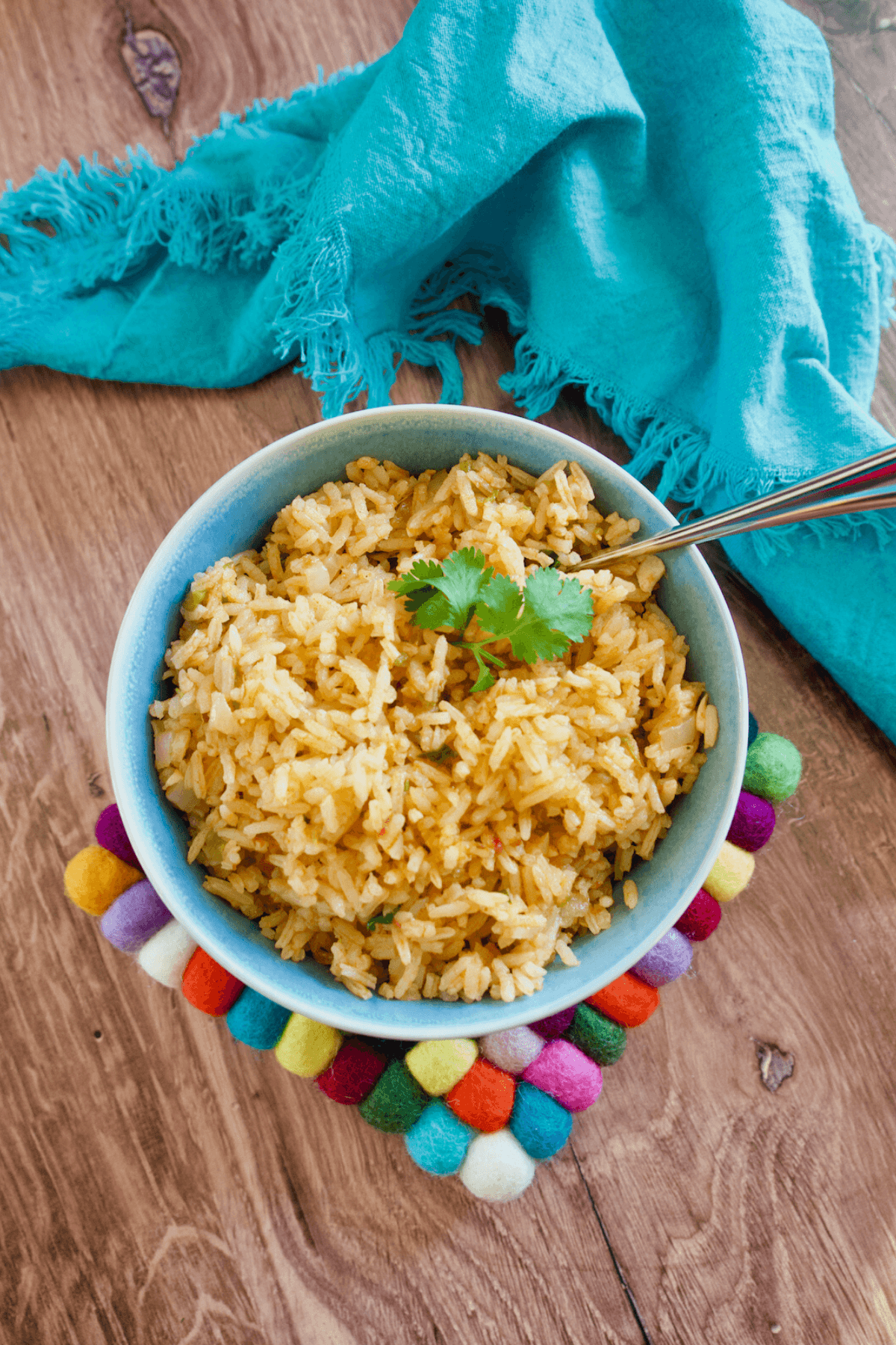 Vegan Spanish Rice in bowl from top down shot, garnished with cilantro.