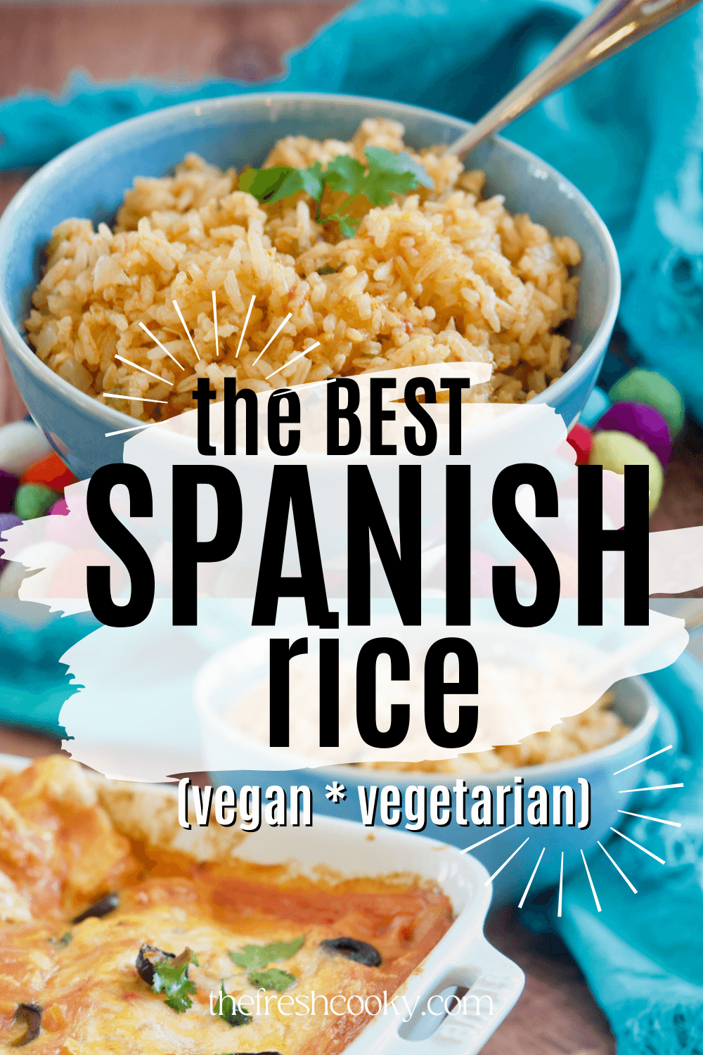 Pin for the best spanish rice, vegan and vegetarian rice. Bowl of rice on top, bottom enchiladas with rice in background.