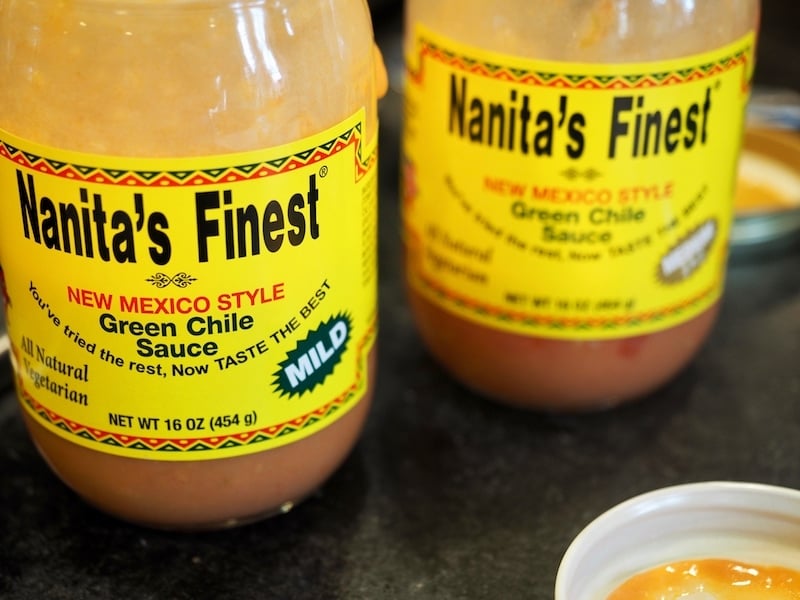 Image of jars of Nanita's Finest New Mexico Style Green Chile sauce on counter