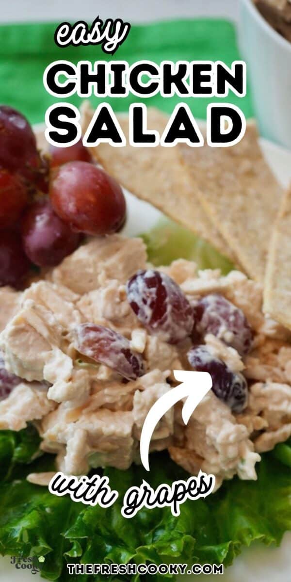 Chicken Salad with grapes on a bed of lettuce, to pin.