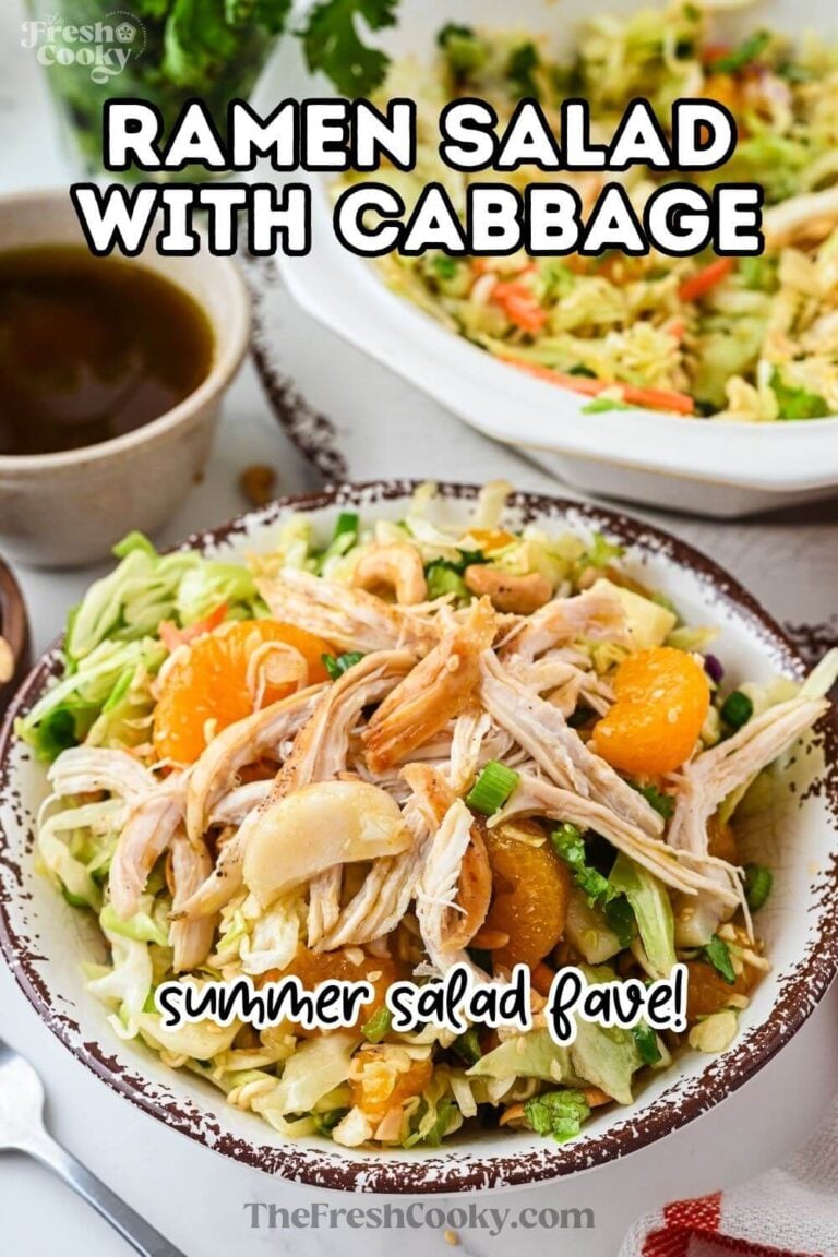 A bowl of ramen noodle salad topped with shredded chicken with a bowl of dressing behind. To pin.