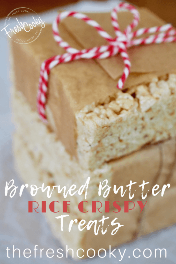 Pinterest image of brown butter rice crispy treats. 