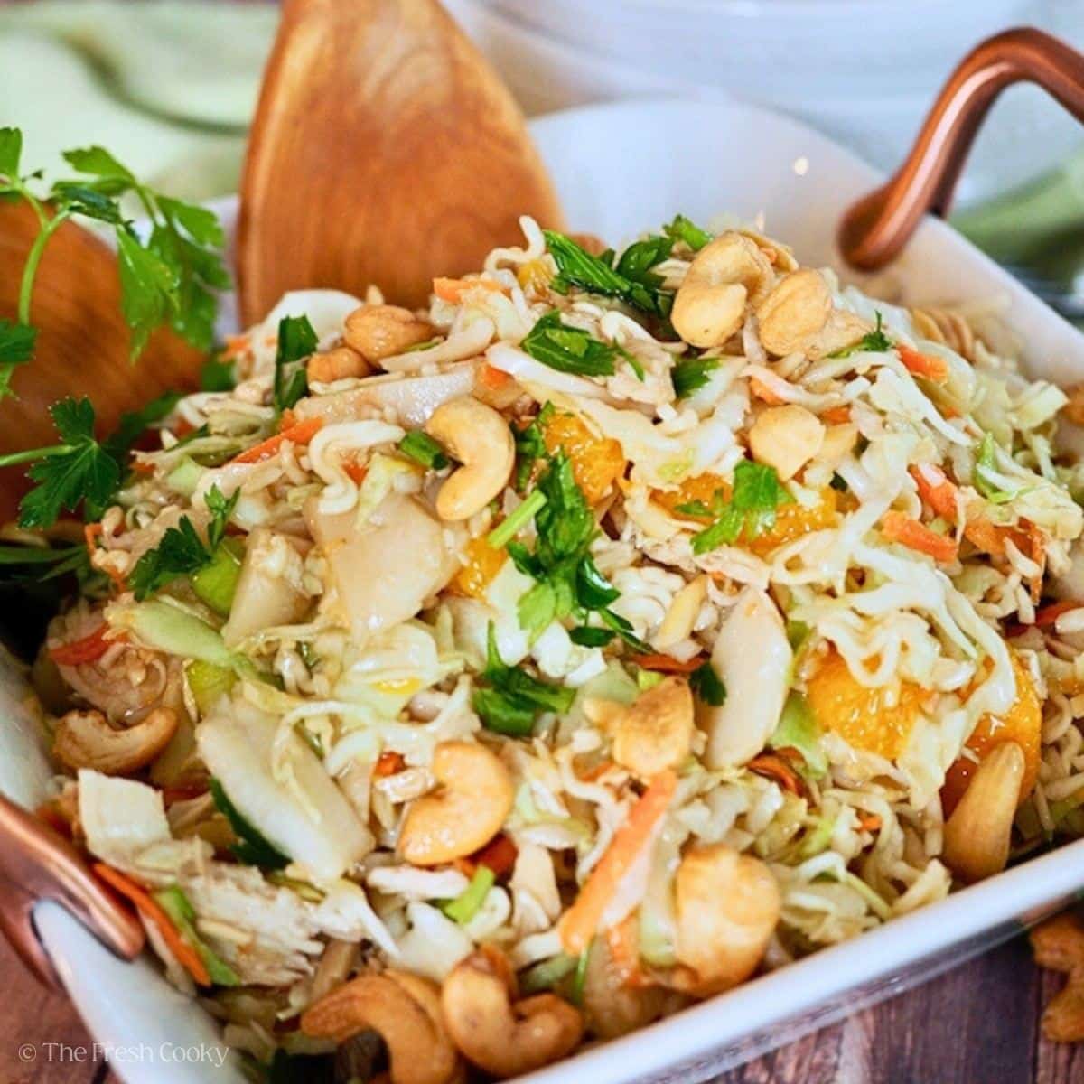 Ramen noodle salad bright, crunchy, fresh in a salad bowl.