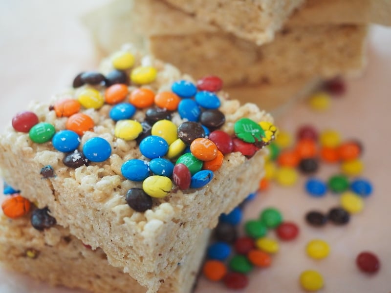 M & M's on top of browned butter rice crispy treats