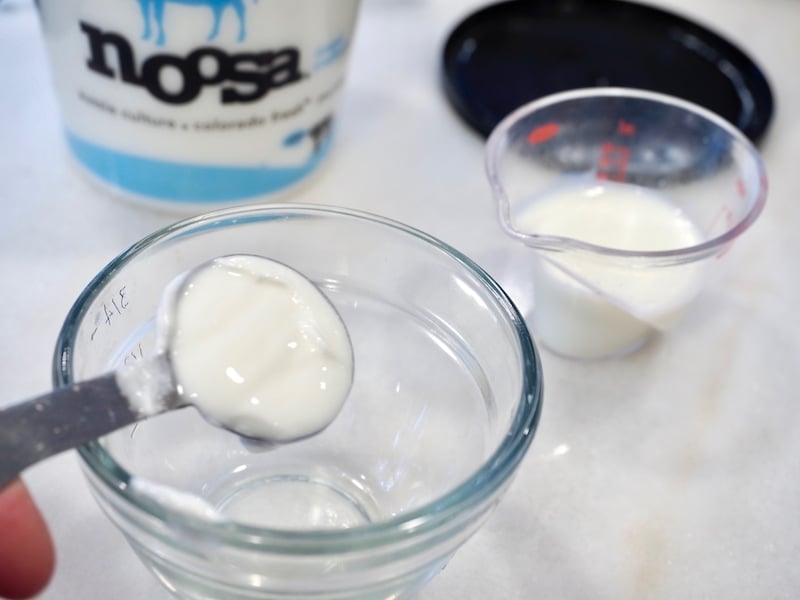  Tablespoon of Noosa plain yogurt in glass dish with milk in background. | thefreshcooky.com