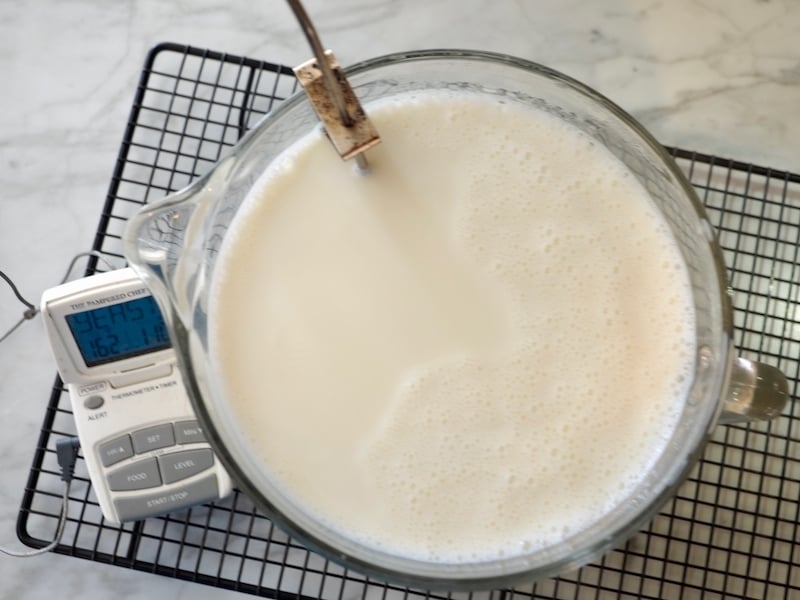 heated milk in glass mixing bowl with temperature probe and digital thermometer cooling.