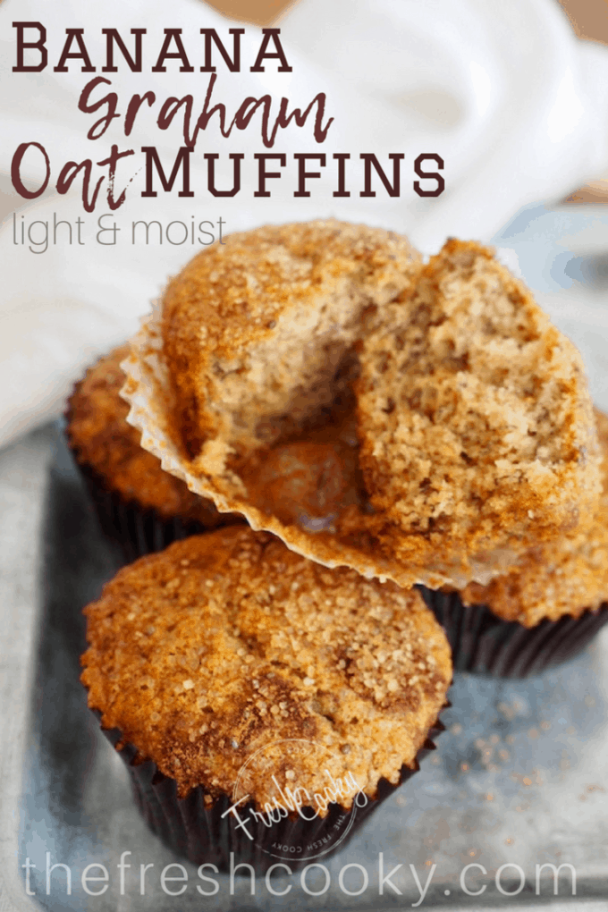 Try these delicous, moist, light banana muffins TODAY! Loaded with Bananas, oat, graham and regular flour, lightly sweetened with a little sugar and honey they are the perfect breakfast treat or afterschool snack. #muffins #bananamuffins #oatflour #grahamflour #bananaoatmuffins #healthymuffins #moist #afterschoolsnack #kidslunch #kidfriendly #thefreshcooky