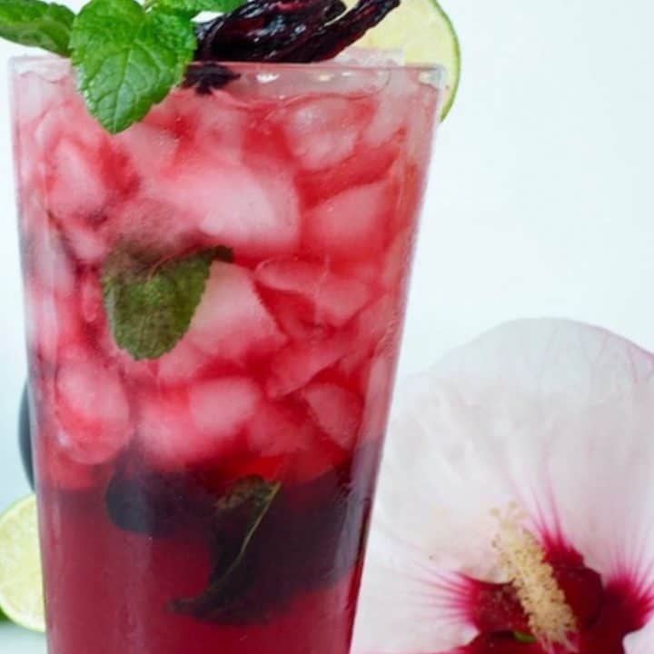 tall glass filled with hibiscus mojito toped with mint, lime slice in foreground and hibiscus flower in background