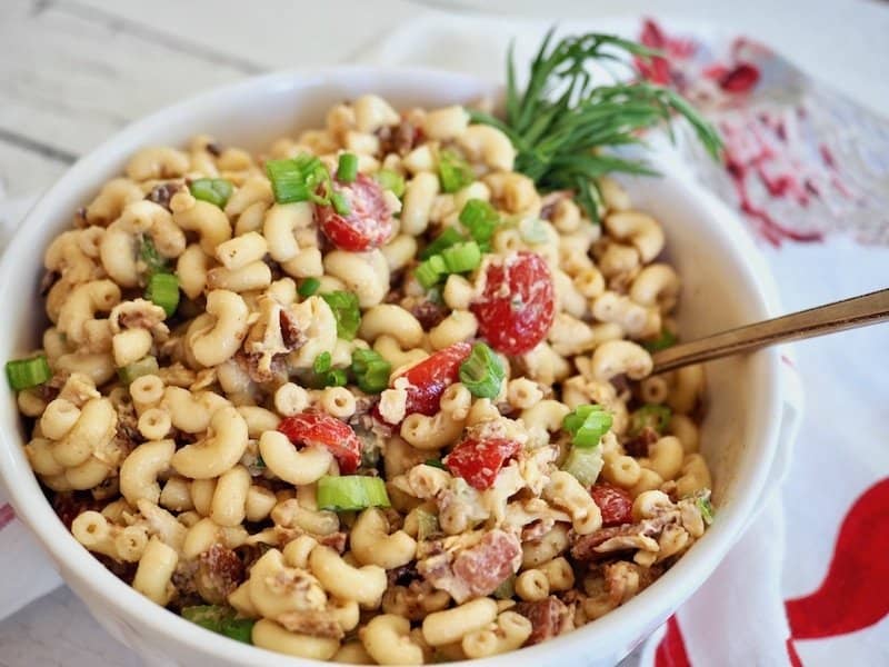Bacon Balsamic Macaroni Salad from thefreshcooky.com is perfect for any potluck, BBQ, Labor Day celebration. Not your typical macaroni salad; this one is loaded with bacon, cheese, tomatoes, crisp celery and mixed in a creamy balsamic dressing. #baconbalsamicmacaronisalad #bacon #macaronisalad #balsamic #makeahead