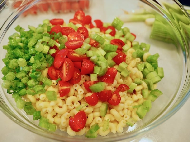 Class bowl filled with crisp celery, bright red cherry tomatoes, slivers of green onions atop fresh cooked elbow macaroni | thefreshcooky.com 