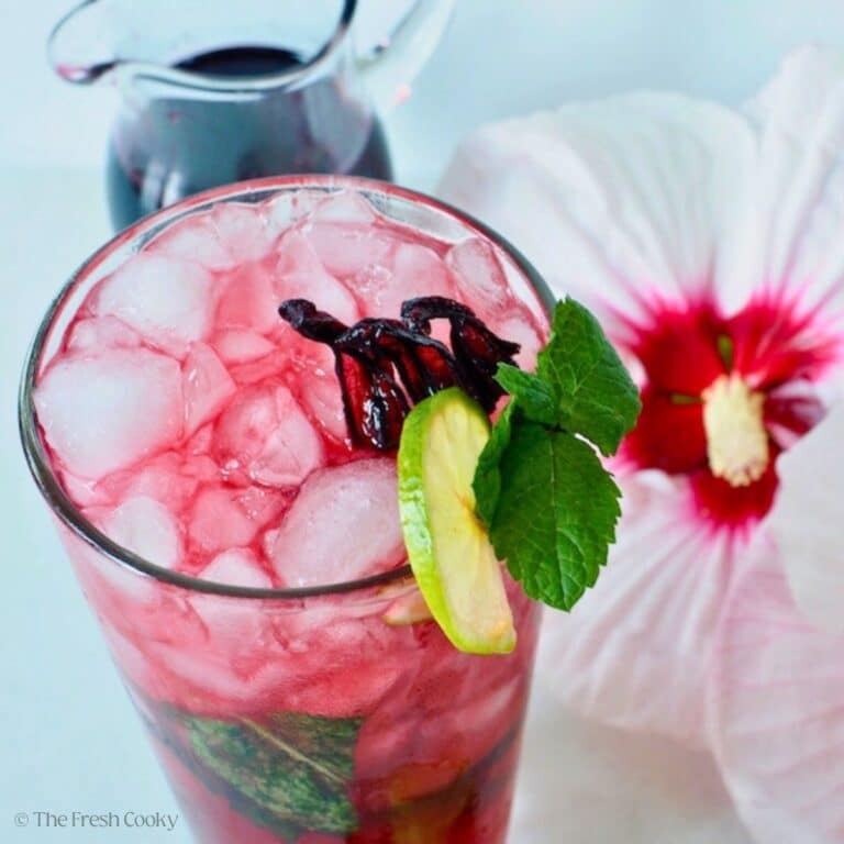 Gorgeous hibiscus mojito in highball glass.