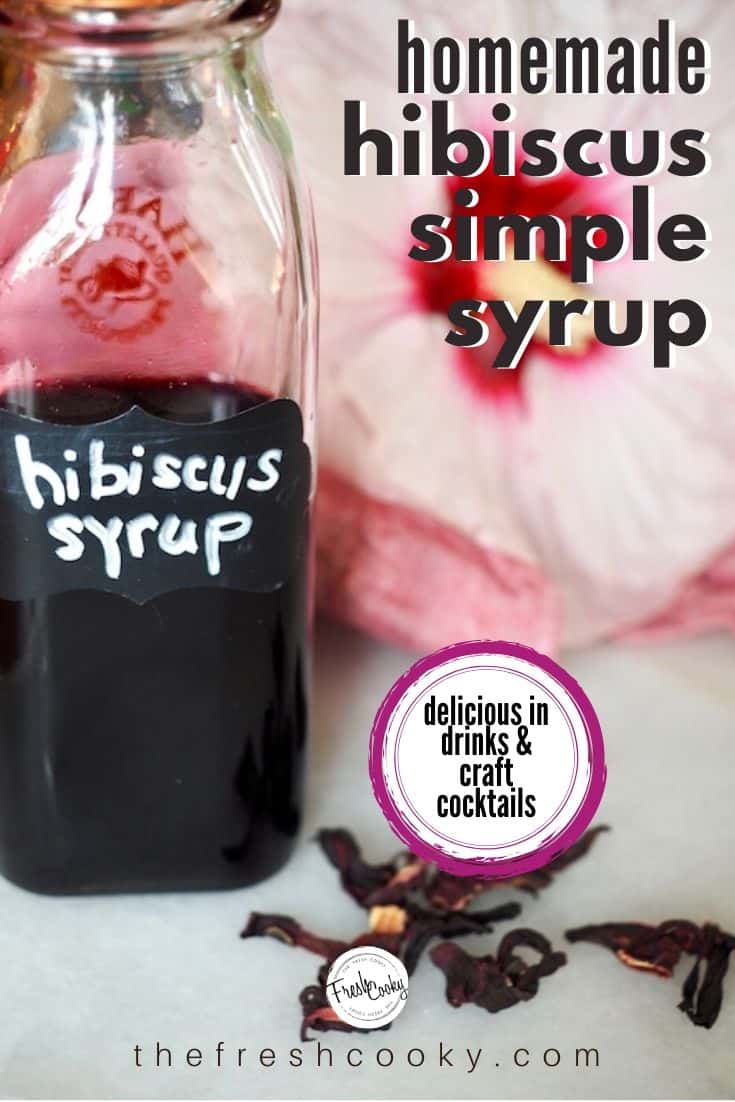 Pin for hibiscus simple syrup with jar of hibiscus syrup.