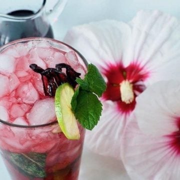 This refreshing recipe for a Hibiscus Mojito from thefreshcooky.com is perfect for summer patio sipping or a GNO. The minty, fizzy mojito is jazzed up with the tangy, floral, lemony flavors of Hibiscus syrup. #hibiscusmojito #mojito #hibiscussyrup #mocktails #hibiscus #summerdrinks #fallcocktail #summercocktail #gnococktails #craftcocktails #qdrinks #clubsoda
