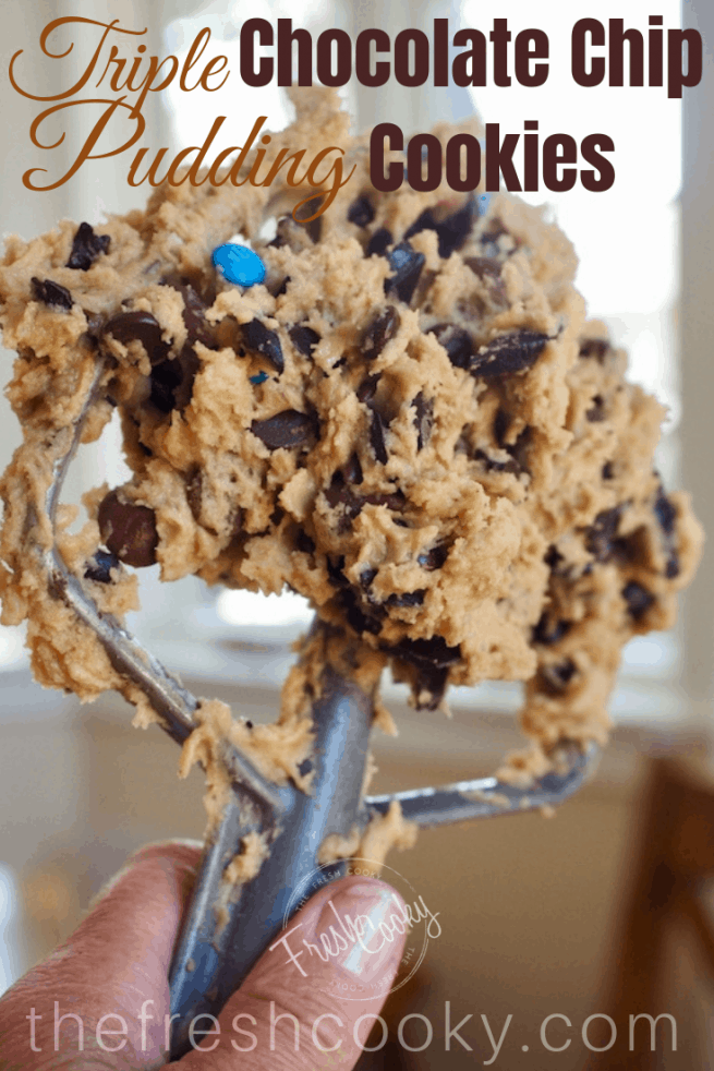 Triple Chocolate Chip Pudding Cookies with image of batter on paddle for mixer. 