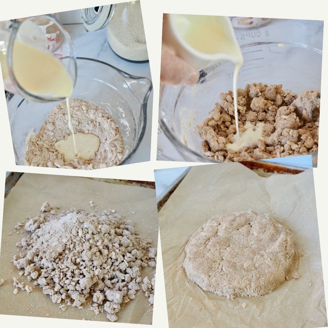 Adding wet to dry scone mix, shaping disc Cinnamon Crunch Scones