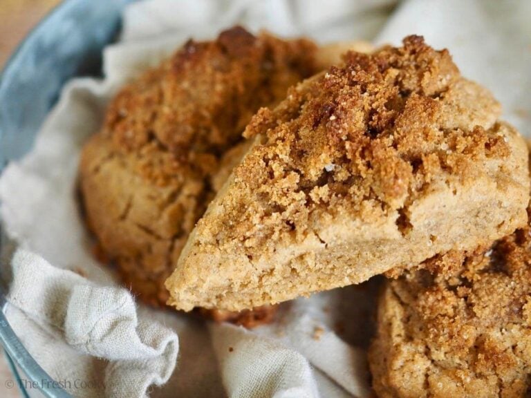 Several cinnamon crunch scones on a platter.
