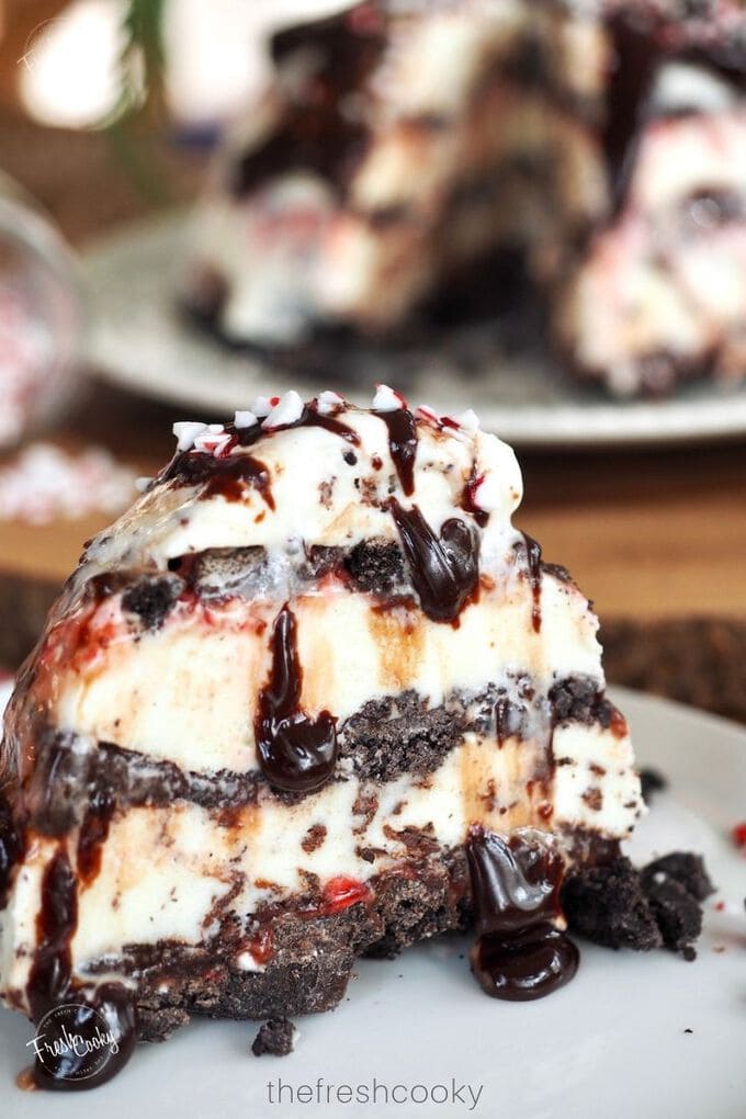 Slice of peppermint layered mile high mud pie. 