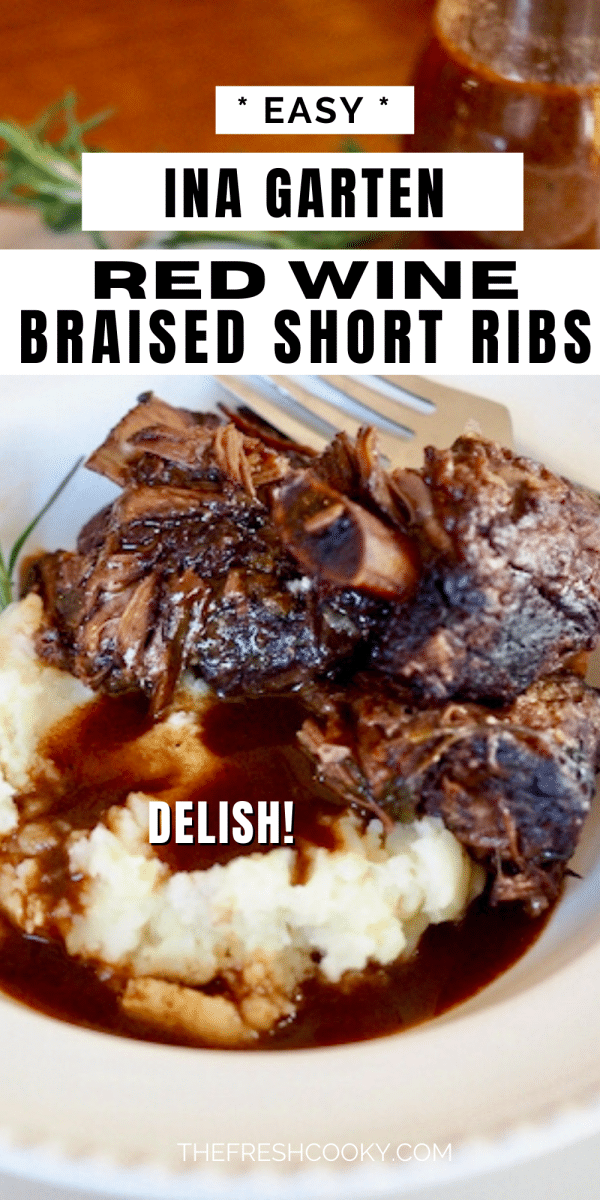 Pin for Italian Short Ribs, with bowl filled with mashed potatoes, short ribs and smothered in a rich gravy.