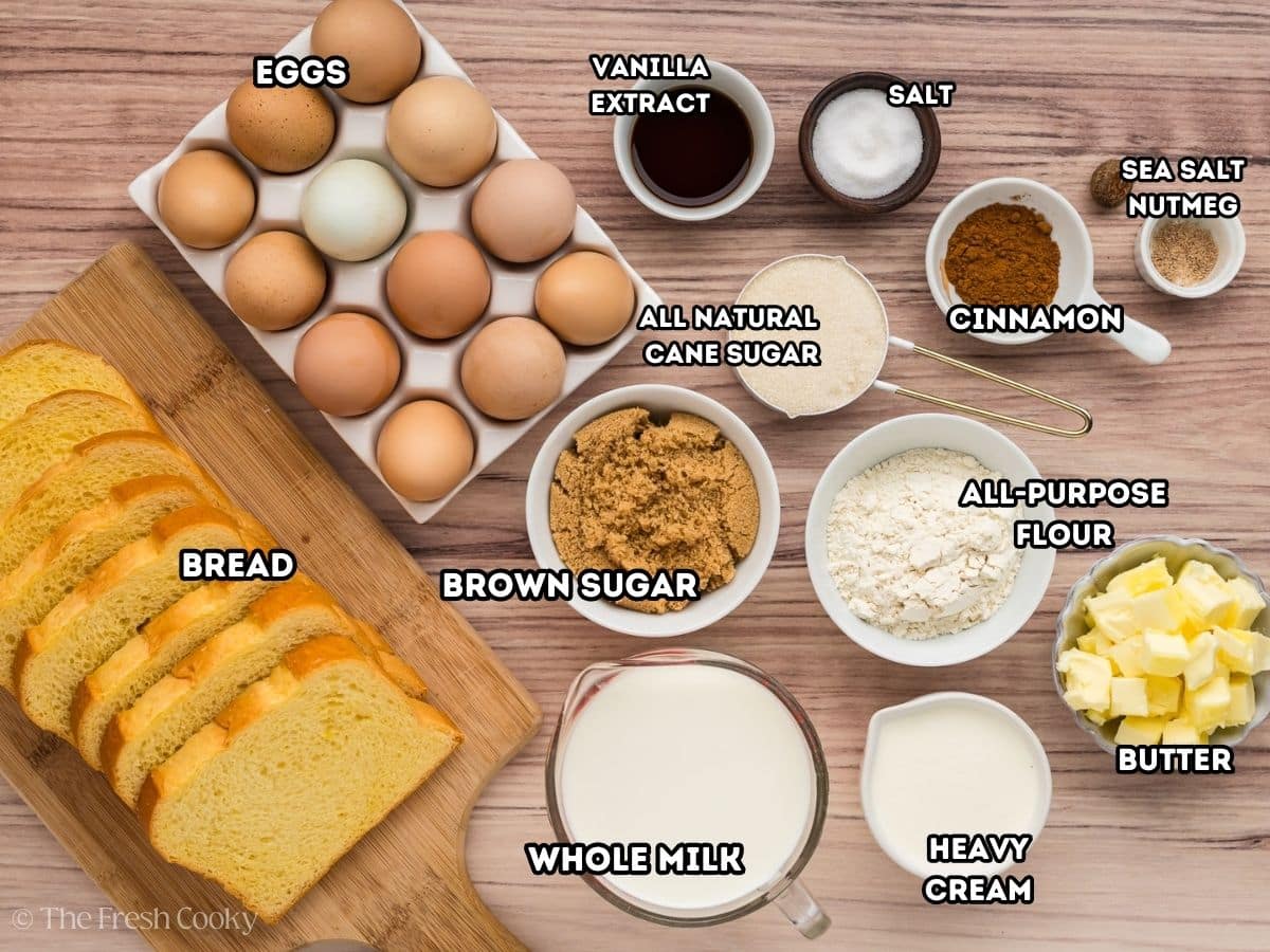 Overnight French Toast Casserole labeled ingredients.