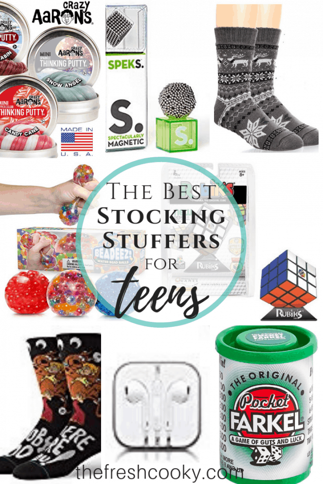 Pinterest Image the best stocking stuffers for teens with images of various teenage gift items from squishy tactile toys, rubiks cubes, headphones, pocket farkel and more. 