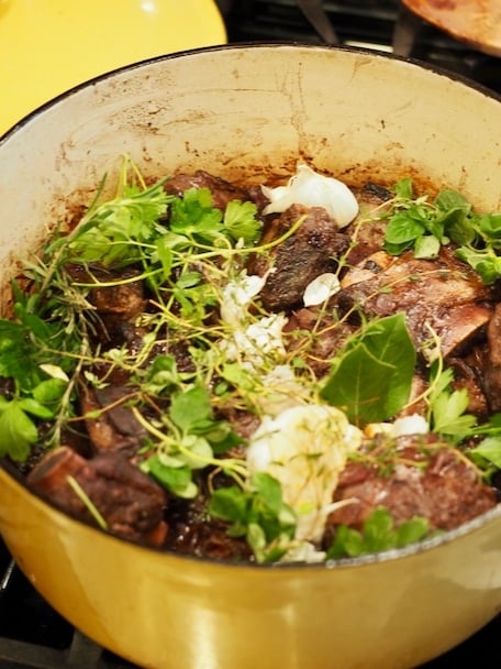 Tuck fresh herbs into the short rib mixture.