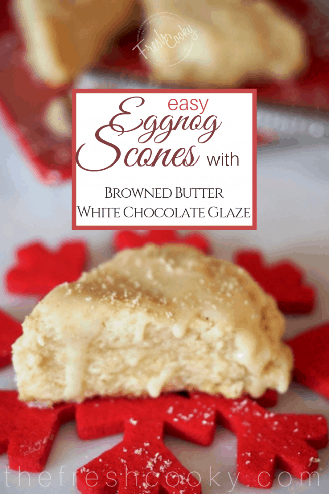 Pinterest image with single egg nog scone on felt red snowflake.  