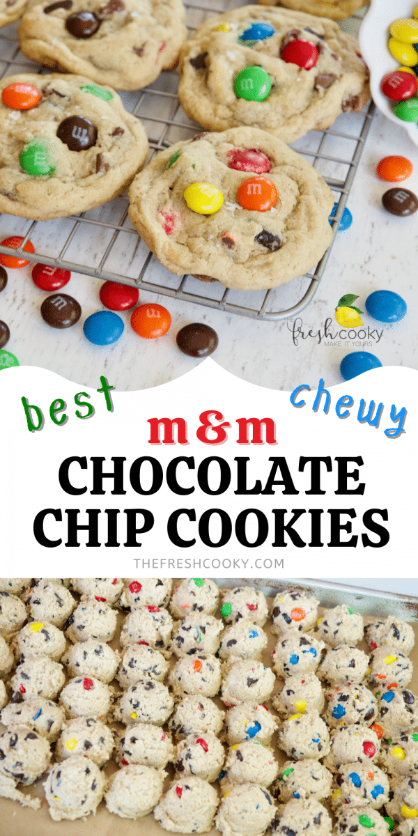 Long pin with image on top of best m & m cookies on wire cooling rack with scattered colored m & m's and bottom image of a tray full of scooped cookie dough.