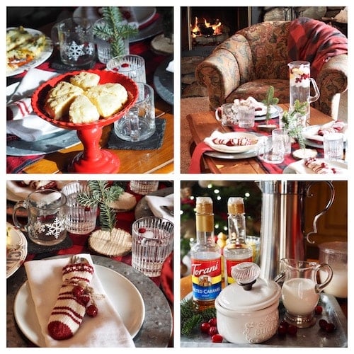 4 images of a tablesetting for a Christmas tea. Egg nog scones in first image. Table settings in second and third images with cutlery in mini knit stockings and finally a tray with coffee, cream, sugar bowl and coffee syrups. 