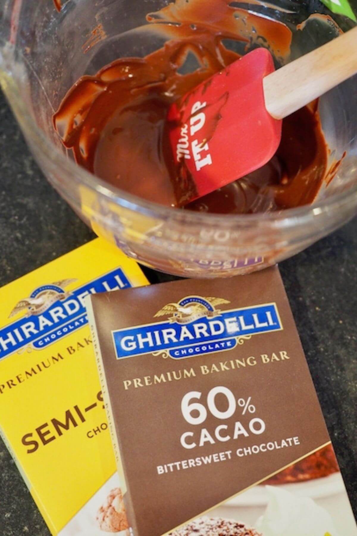 Ghirardelli chocolate packages near melted chocolate.