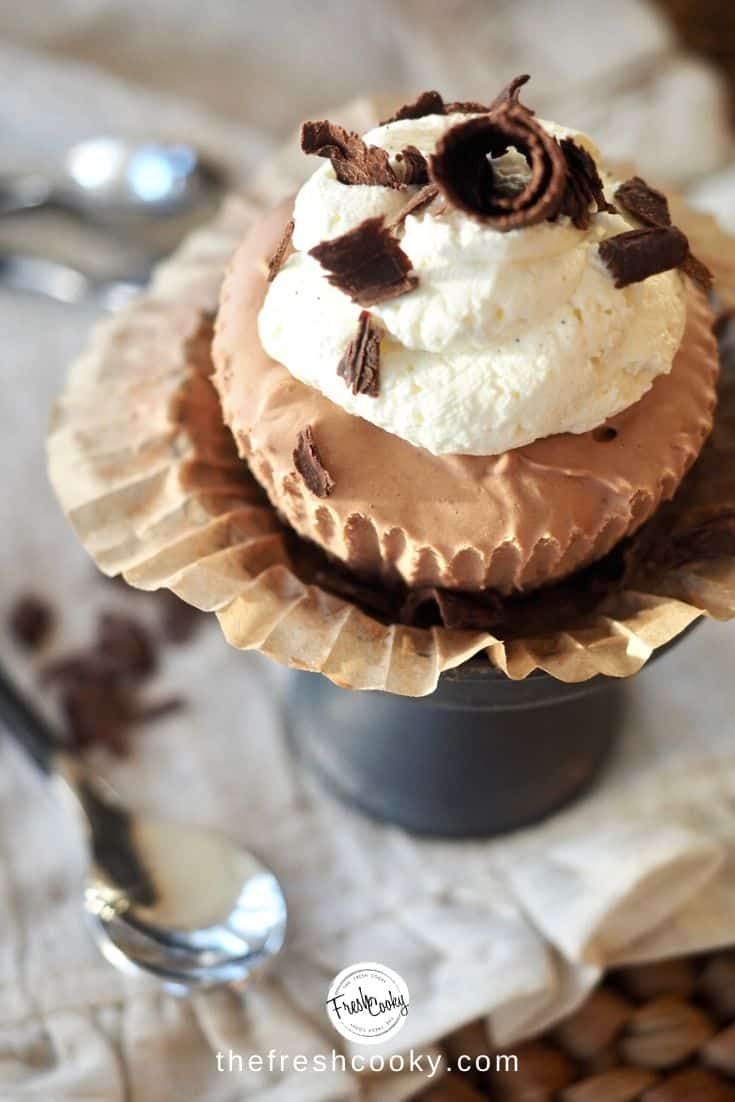Image of french silk mini pies with chocolate curls. 