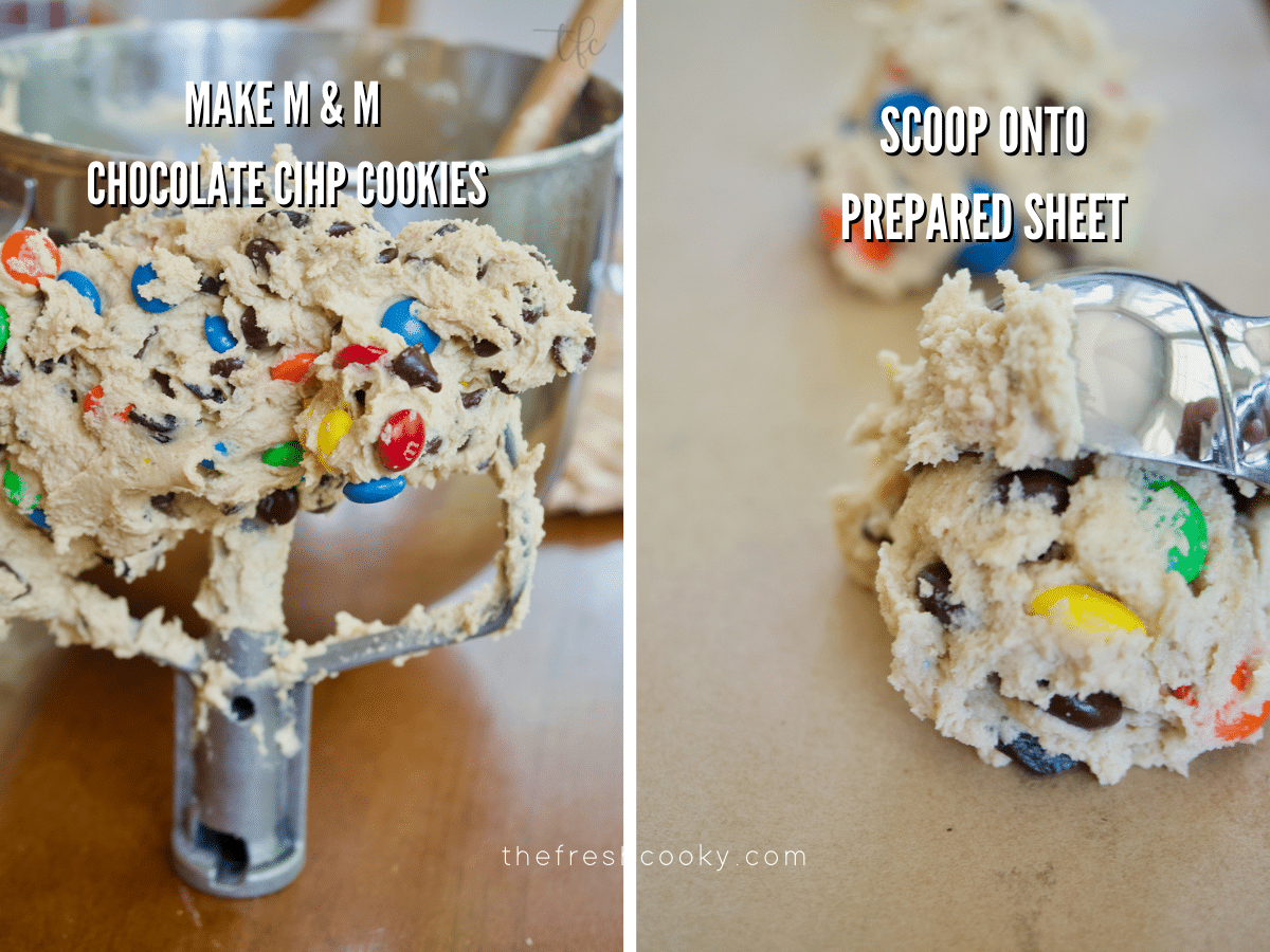 Process shots for chewy m & m chocolate chip cookies, image one has cookie dough batter on the baeter and second image of scooping a dough ball onto prepared baking sheet.