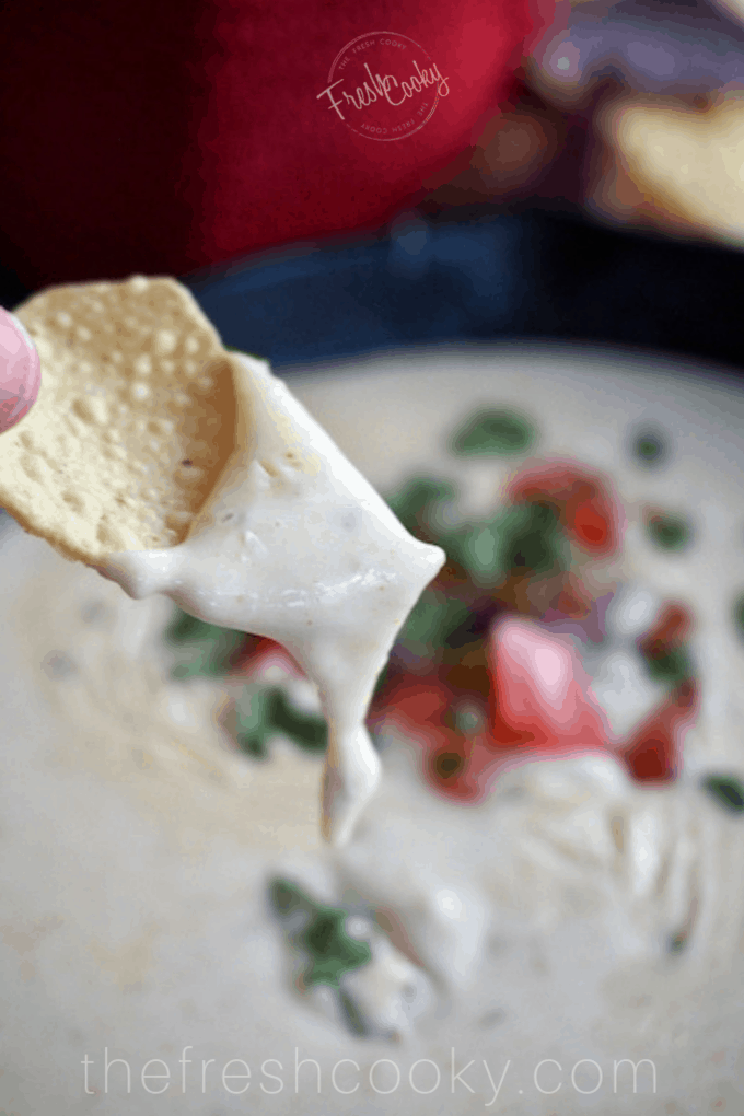 Chip Dipped in White Queso | www.thefreshcooky.com