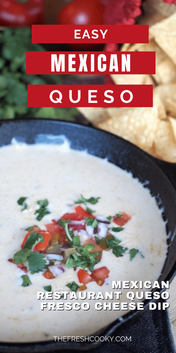 Easy Mexican White Quesion pin with image of cast iron pan filled with white queso cheese dip.