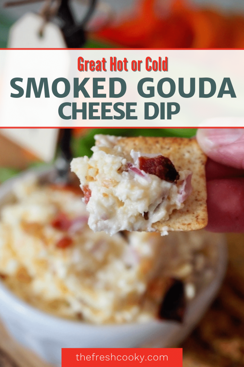 Short pin for Smoked Gouda Cheese Dip, a hand holding smoked gouda cheese dip on a cracker ready to eat.