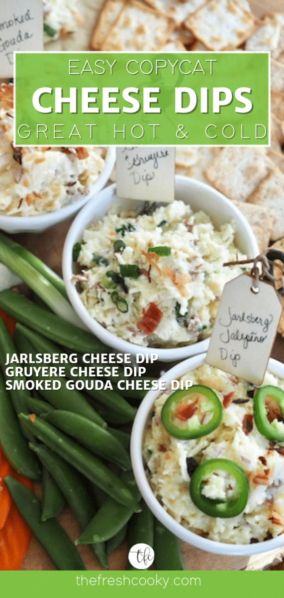 Long pin with three cheese dips in a row with veggies and crackers beside; Garlic Gruyere Dip, Jarlsberg Cheese Dip and Smoked Gouda Cheese Dip.
