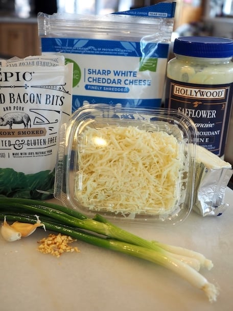Ingredients for Garlic Gruyere Cheese Dip L-R Bacon Bits, Sharp White Cheddar Cheese, Mayo, Cream Cheese, Gruyere cheese, green onions, toasted garlic.