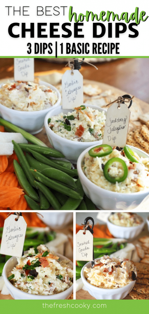 Long pin for the best homemade cheese dips, with three images, top image of three different cheese dips on a veggie tray, bottom left image of garlic gruyere dip, & smoked gouda cheese dip.