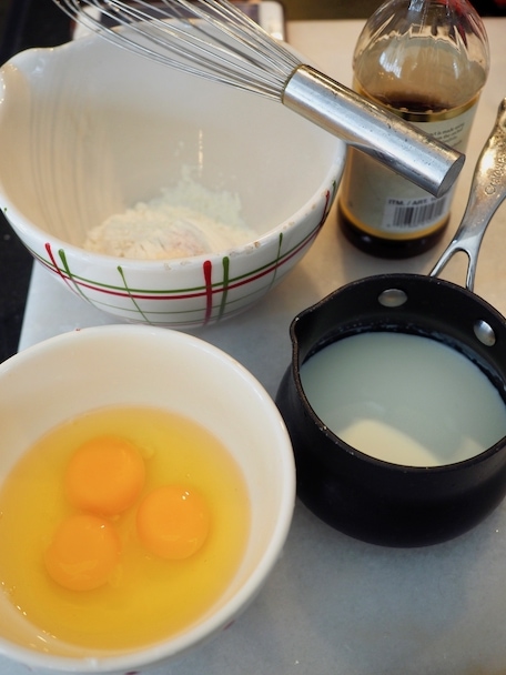 Ingredients for dutch baby. Eggs, flour, warm milk, vanilla